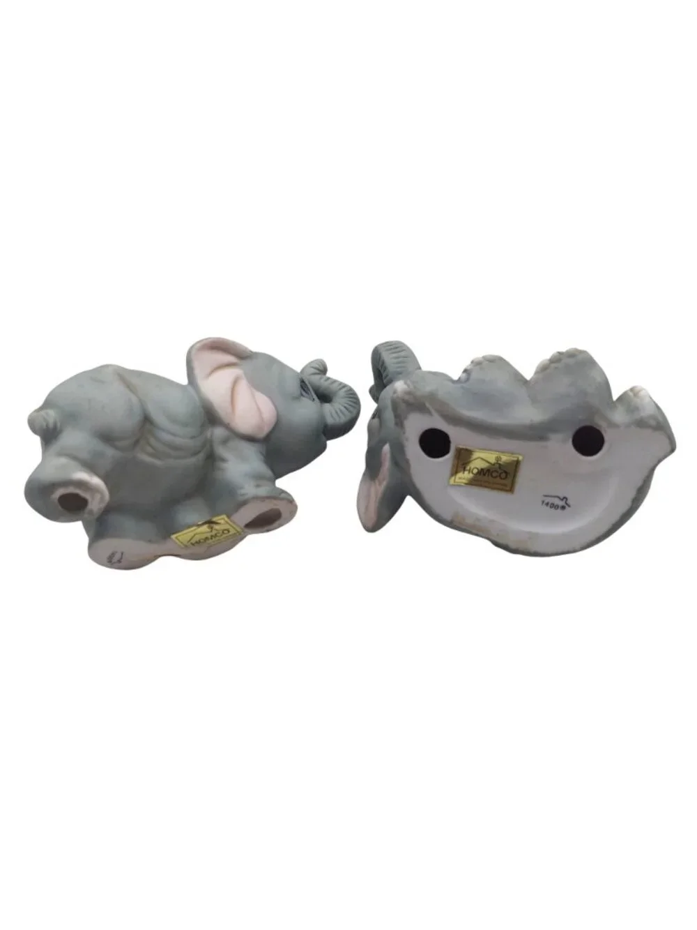 Homco Baby Elephant Figurine Set Of 2 Vintage Home Interiors Gray Trunk Up 1400
